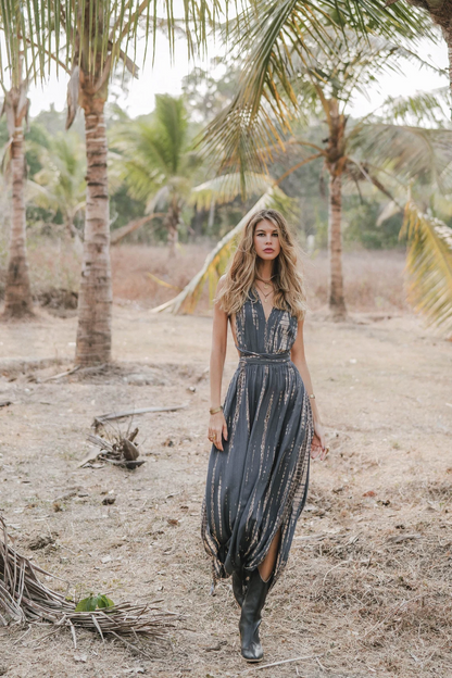 Goddess Tie Dye Dress Dark Gray/Maxi Long Boho Dress