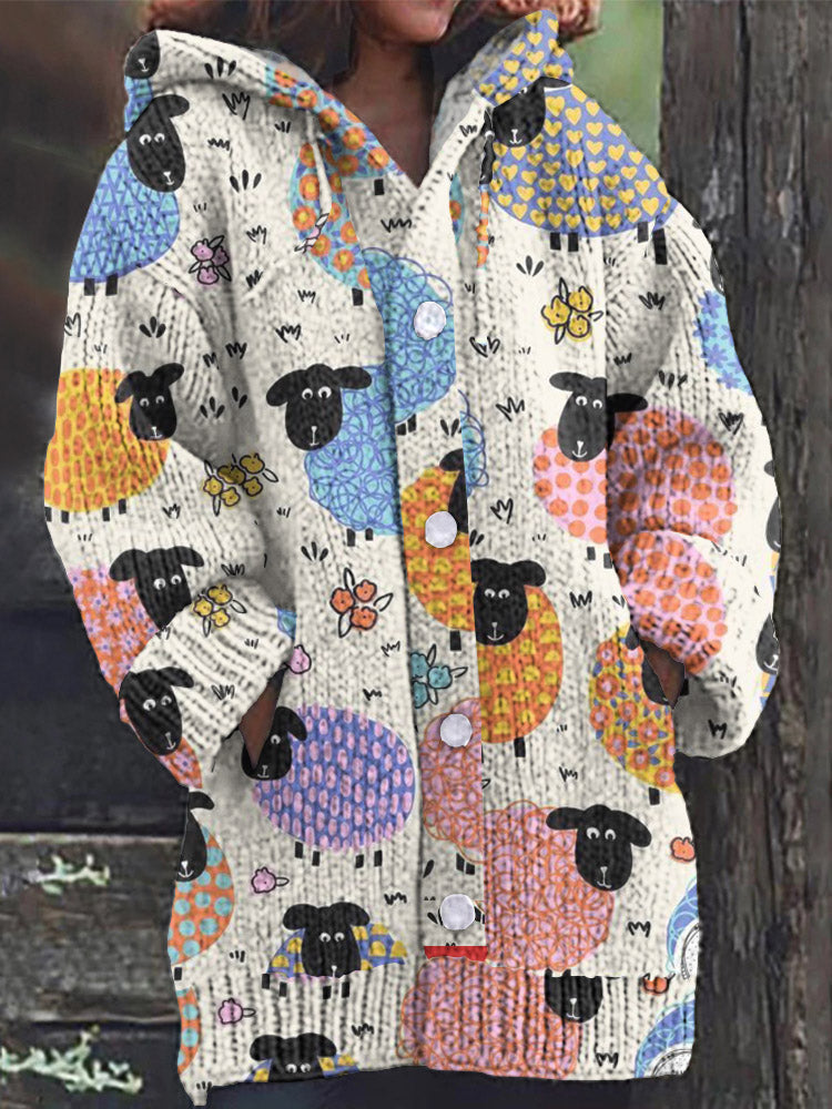 Color Lamb Print Women'S Cardigan Sweater