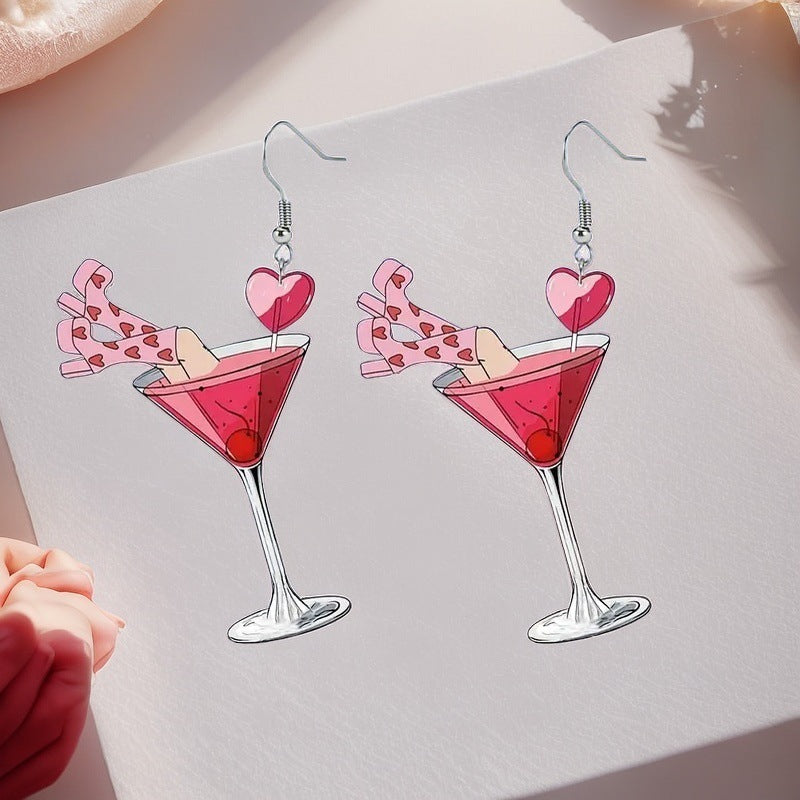 Valentine's Day Creative Design Pink Heart Wine Glass Earrings