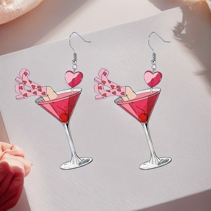 Valentine's Day Creative Design Pink Heart Wine Glass Earrings