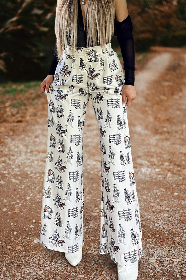 Retro Western Life Printed Wide Leg Pants