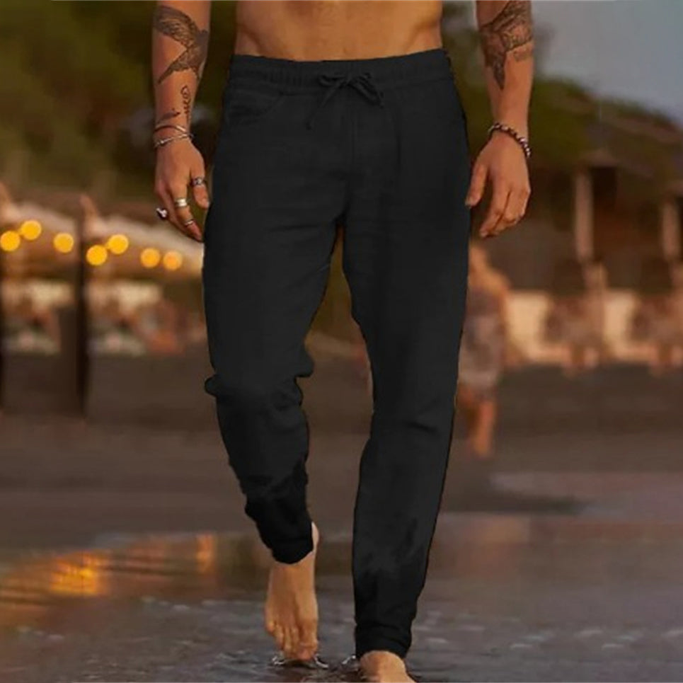 Men's Casual Breathable Elastic Tether Beach Cotton Linen Loose Trousers