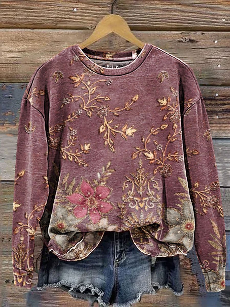 Vintage Floral Art Print Casual Sweatshirt