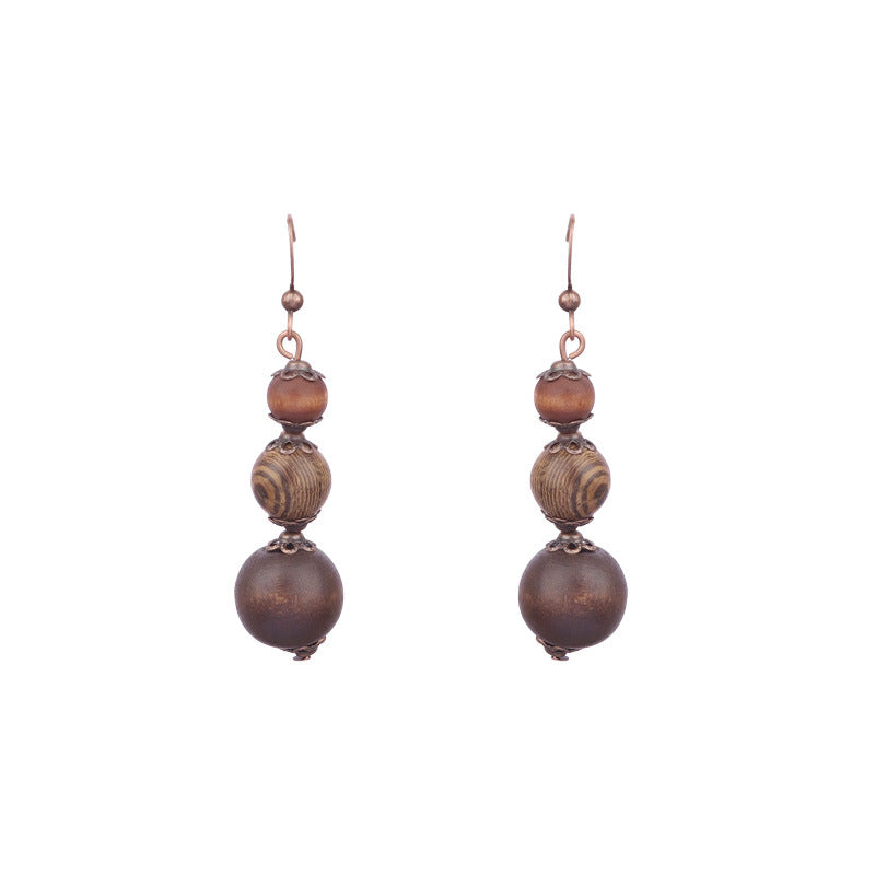 Women's Bohemian Retro Geometric Round Wooden Bead Earrings