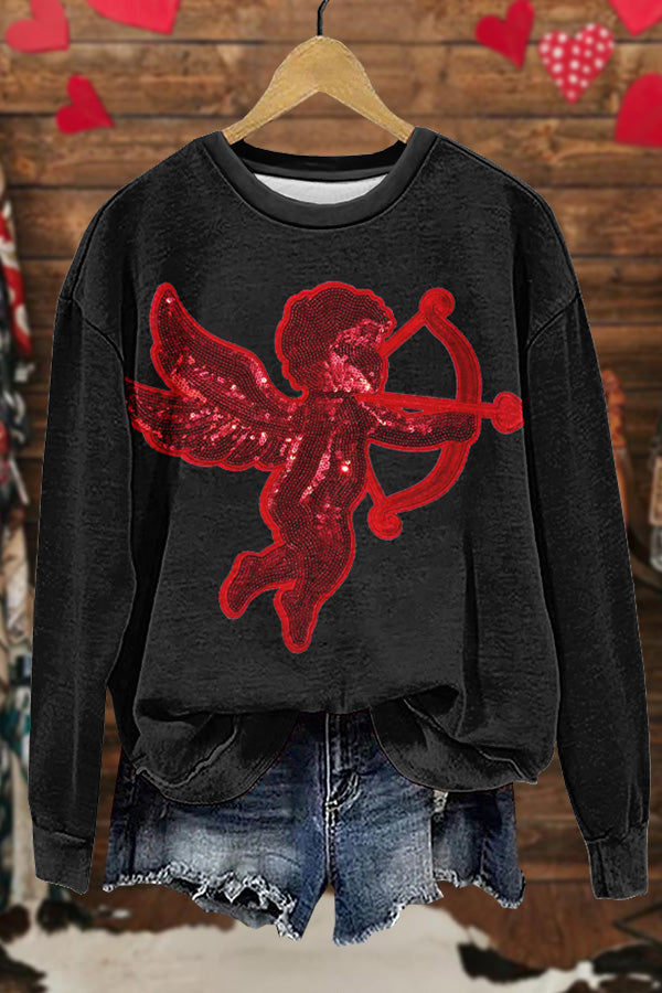 Shiny Valentine's Day Cupid Print Sweatshirt