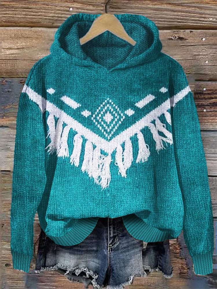 Western Aztec Tassels Cozy Knit Hoodie