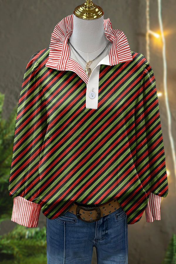 Classic Christmas Print Stripe Puff Sleeve Blouse