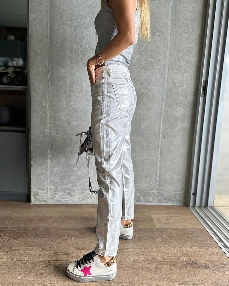 High-Waisted Metallic Tapered Slim-Fit Jeans