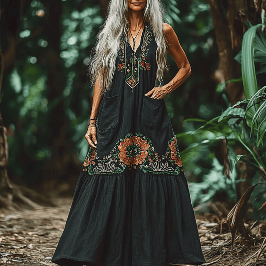 Women's Elegant Bohemian Holiday Sleeveless Linen Maxi Dress