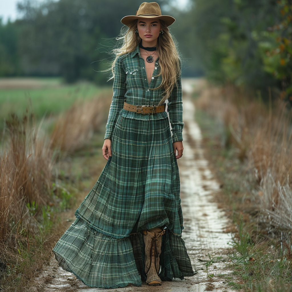 Retro V-neck Plaid Women's Long-sleeved Long Skirt Country Pastoral Retro Dress