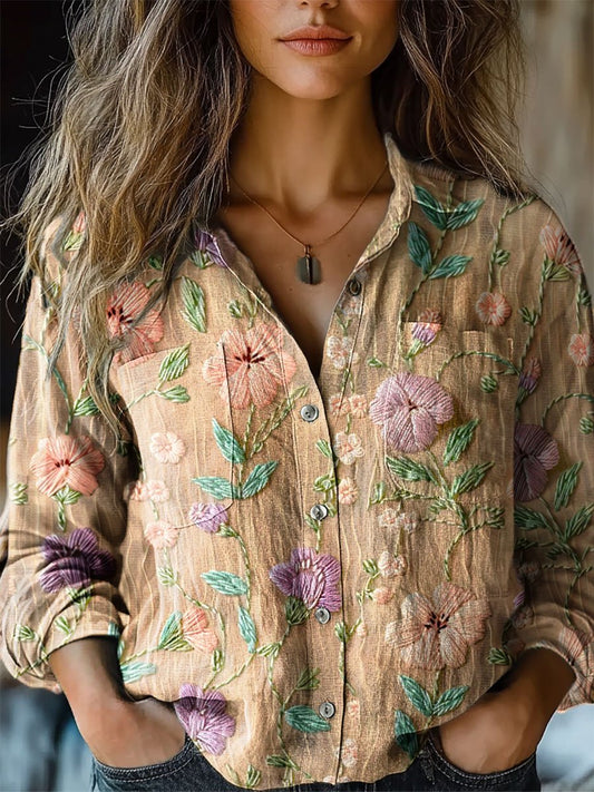 Women's Vintage Floral Print Casual Long Sleeve Comfortable Cotton Shirt