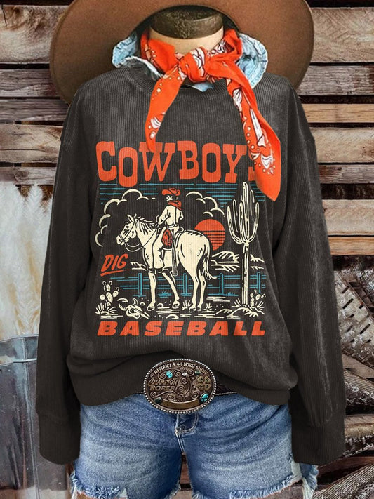 Women's Western Cowboy Baseball Casual Print Corduroy Sweatshirt