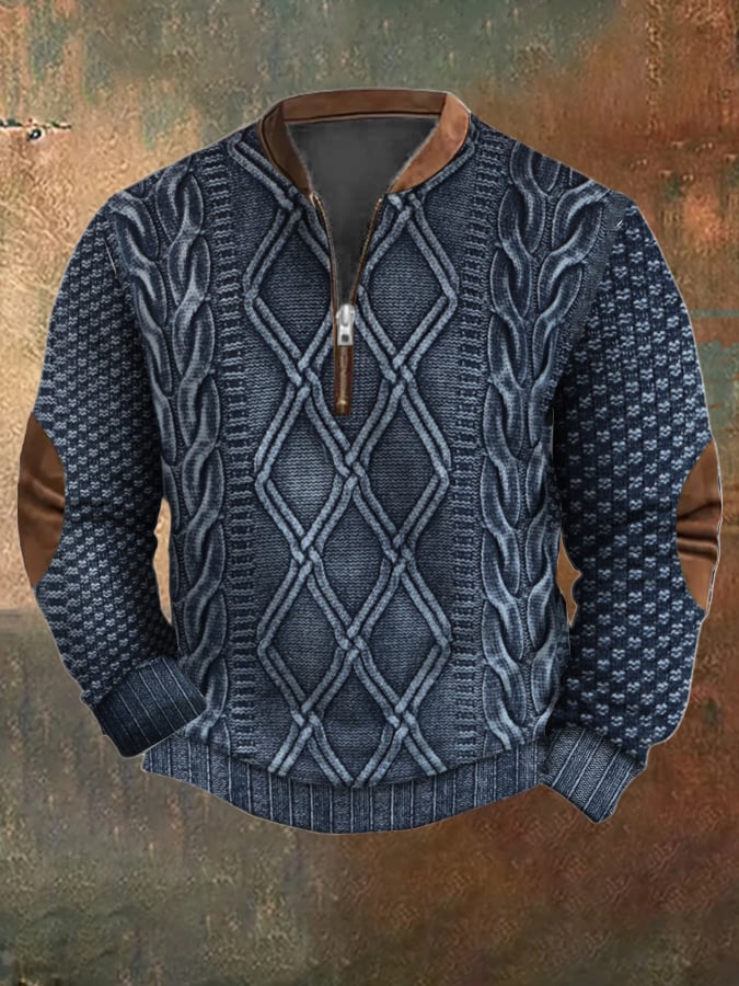 Men's Vintage Textured Print Zip-Up Sweatshirt