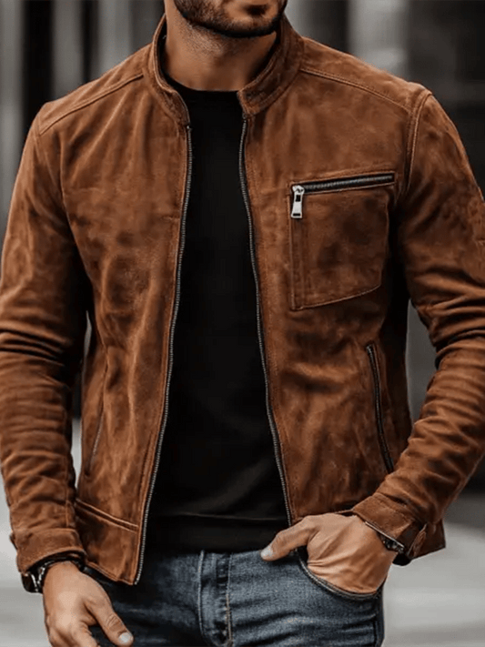 Men's Vintage Suede Zip Pocket Stand Collar Outdoor Jacket