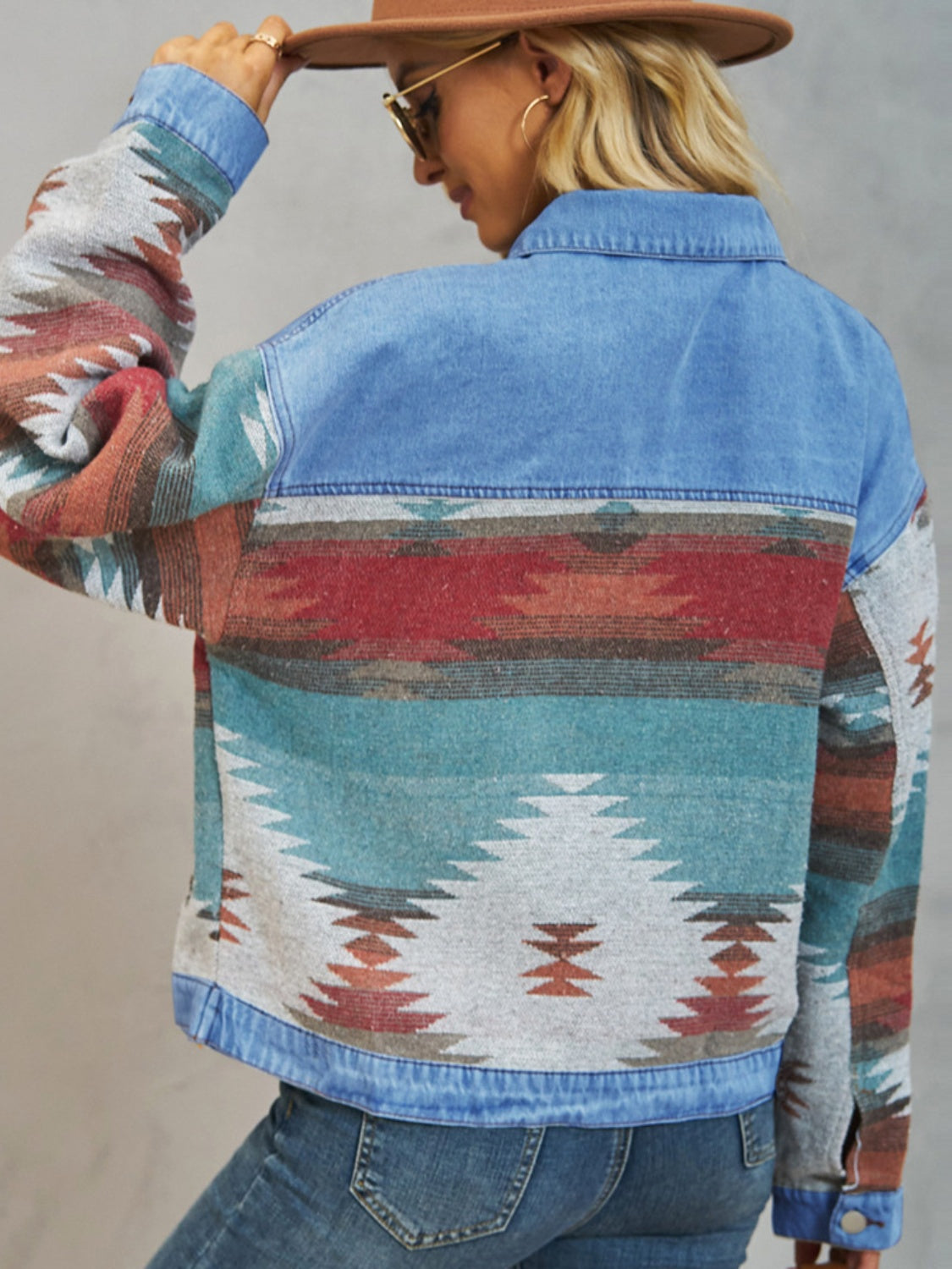 Aztec Button Up Dropped Shoulder Denim Jacket