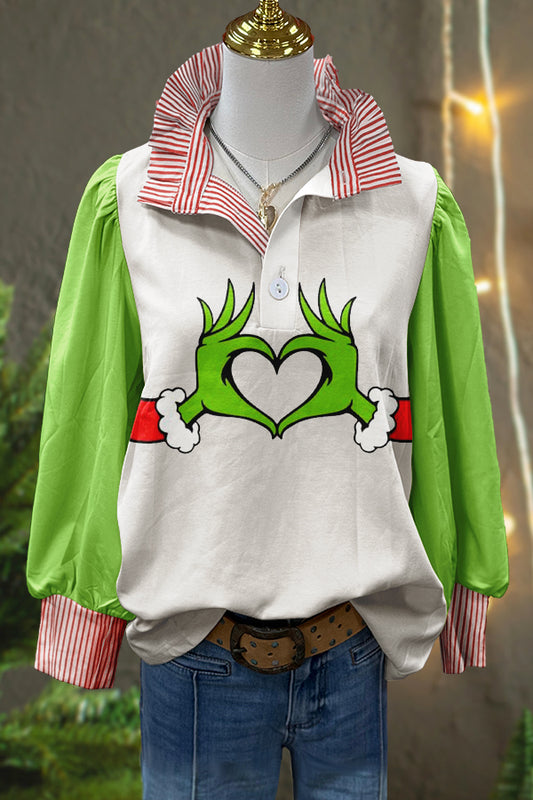 Funny Christmas Grinch Print Puff Sleeve Blouse