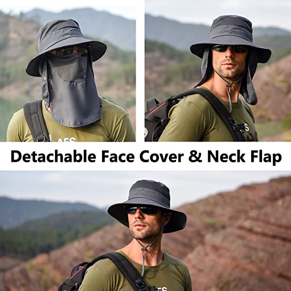 UPF 50+ Sun Fishing Hat for Men Women Wide Brim Hat with Detachable Face Cover & Neck Flap Khaki