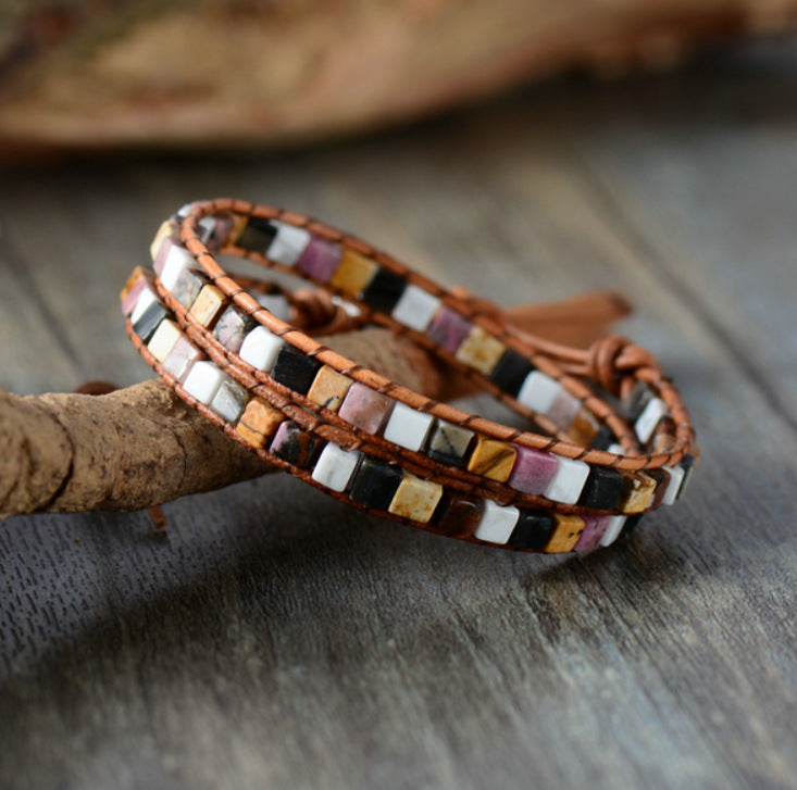 Unisex Vintage Leather Mixed Natural Stone Ethnic Bracelet