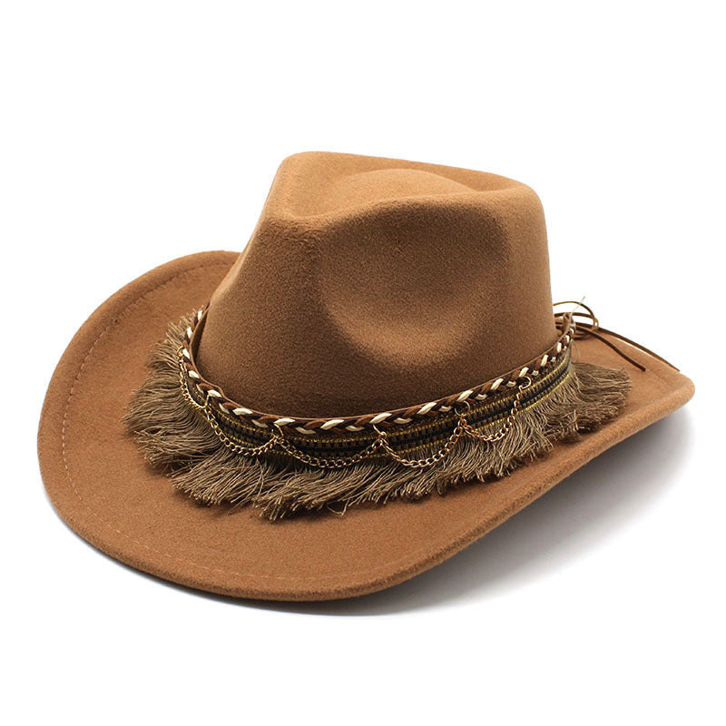 Unisex Fall Vintage Western Cowboy Woolen Tassel Sun Protection Wide Brim Hat