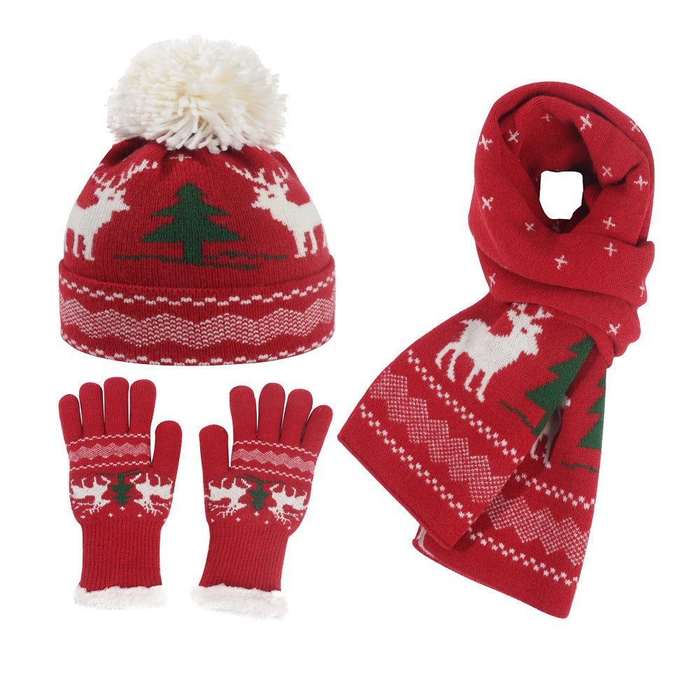 Unisex Christmas Elk Hat, Neck Scarf And Gloves Knitted Set