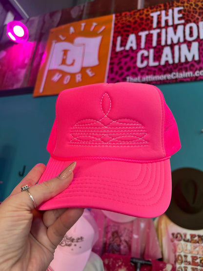 Boot Stitch Trucker Cap Hat in Neon Hot Pink