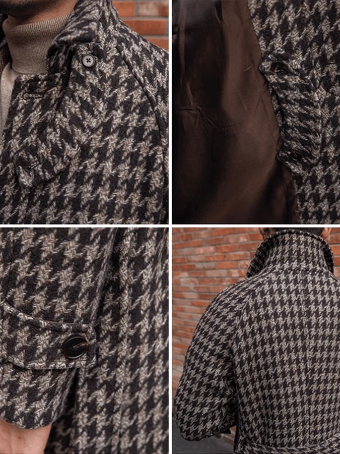 Men's Classic Houndstooth Single-Breasted Open-Pocket Design Casual Woolen Coat (Belt Included)