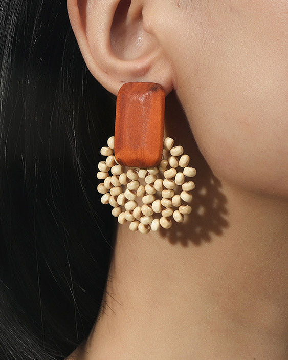 Bohemian Handwoven Geometric Wood Bead Earrings