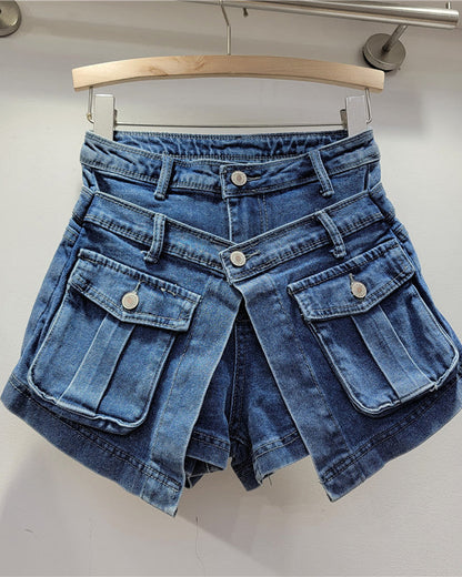 Slim High Waist Washed Fake Two Piece Wide Leg Denim Shorts