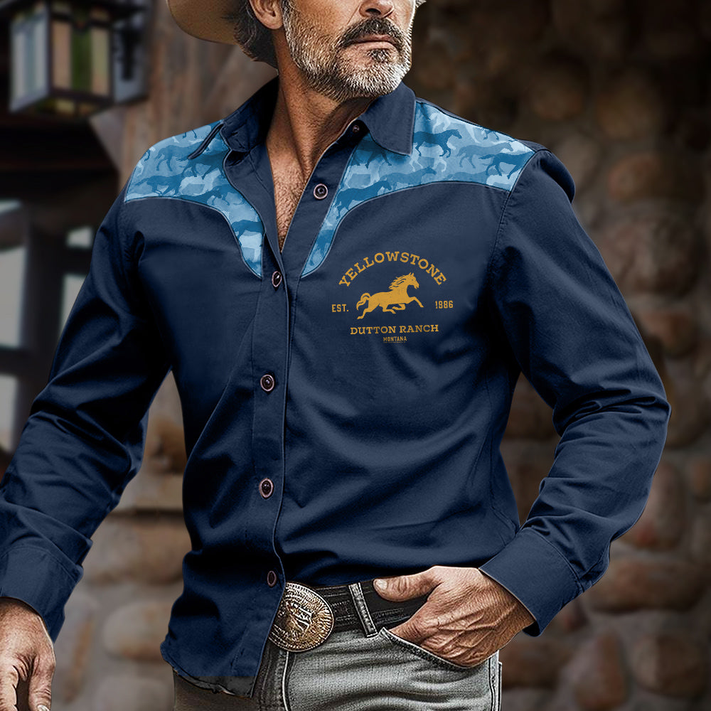 Men's Vintage Yellowstone Logo Western Denim Long Sleeve Shirt