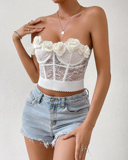 Lace Flower Navel-Baring Breasted Tube Top