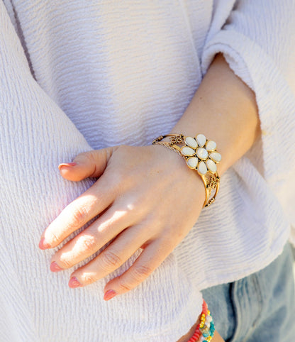 Hibiscus White Mother of Pearl and Golden Cuff Bracelet