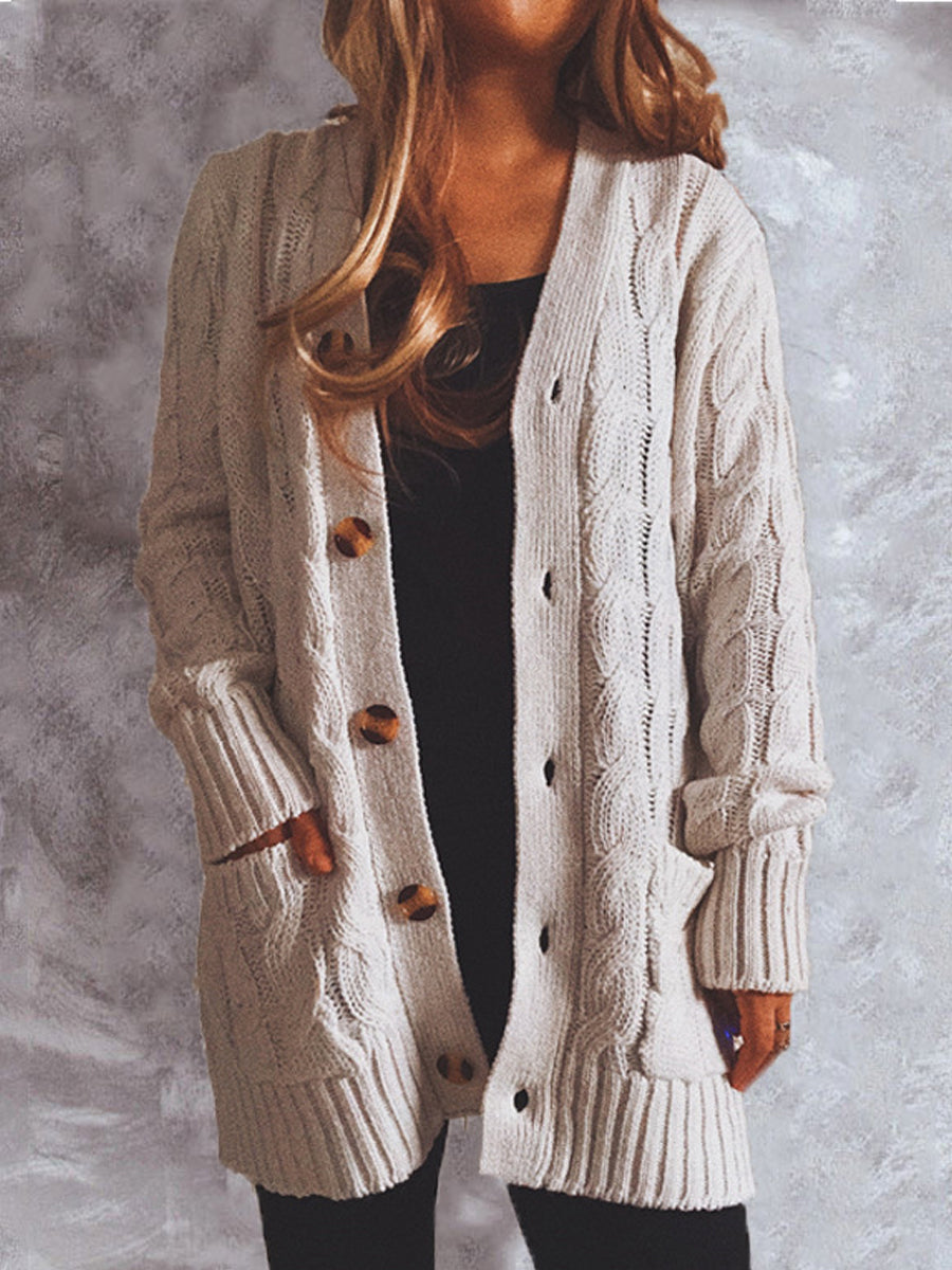 Casual Solid Color Pocket Long-Sleeved Sweater Cardigan