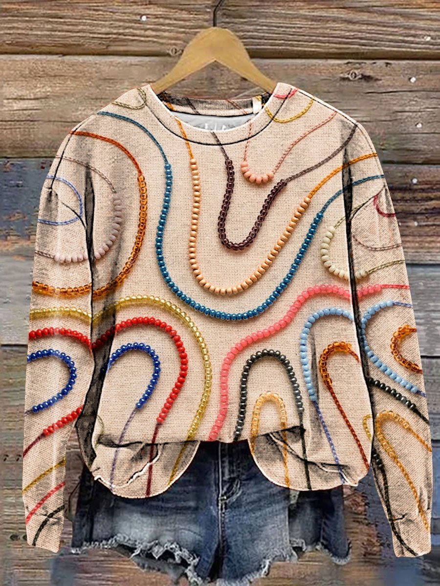 Vintage Beautiful Beads Embroidery Art Print Casual Sweatshirt