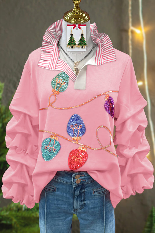 Sweet Christmas Light Sequin Stand Collar Blouse