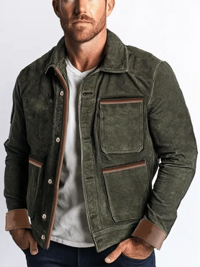 Men's Vintage Suede Leather Paneled Pocket Outdoor Jacket