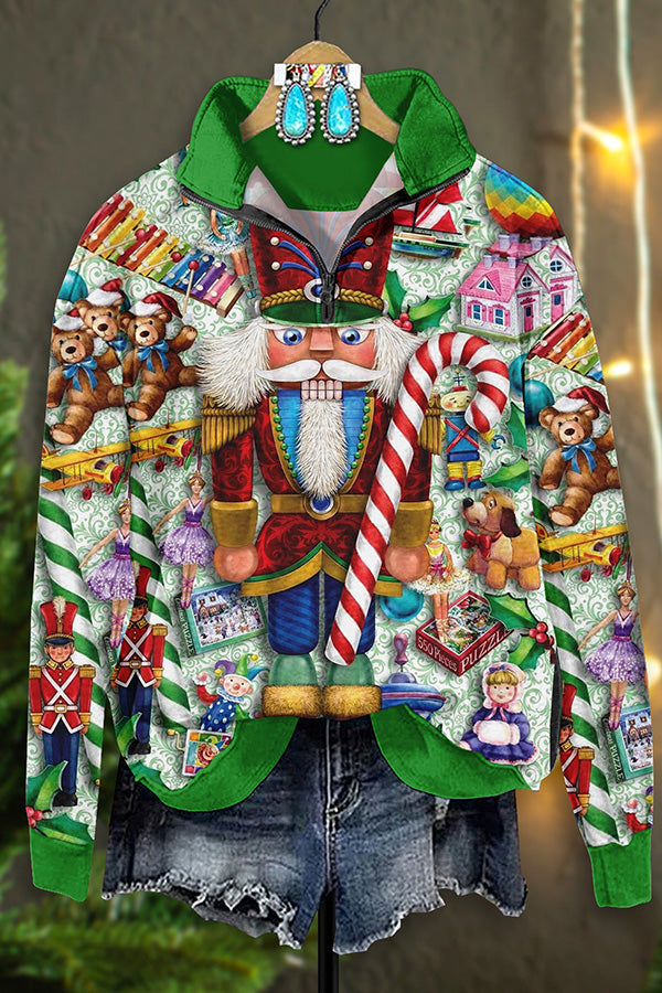 Vintage Christmas Nutcracker Print Zip-Up Sweatshirt