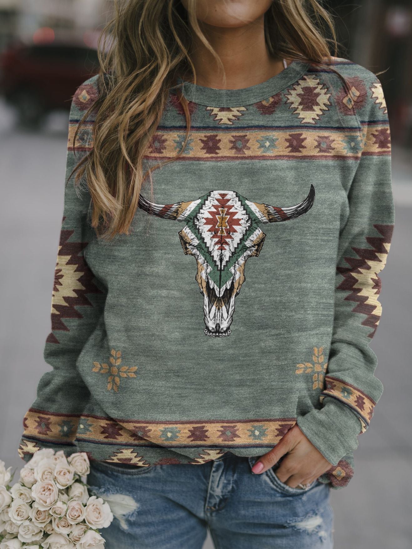 Women's Western Ox Art Print Casual Long Sleeve Sweatshirt