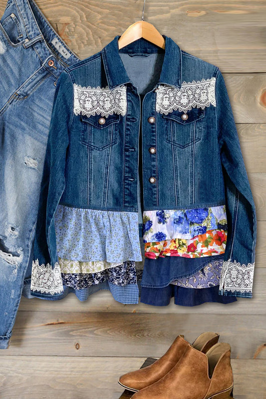 Fresh Floral Ruffle Panel Denim Jacket