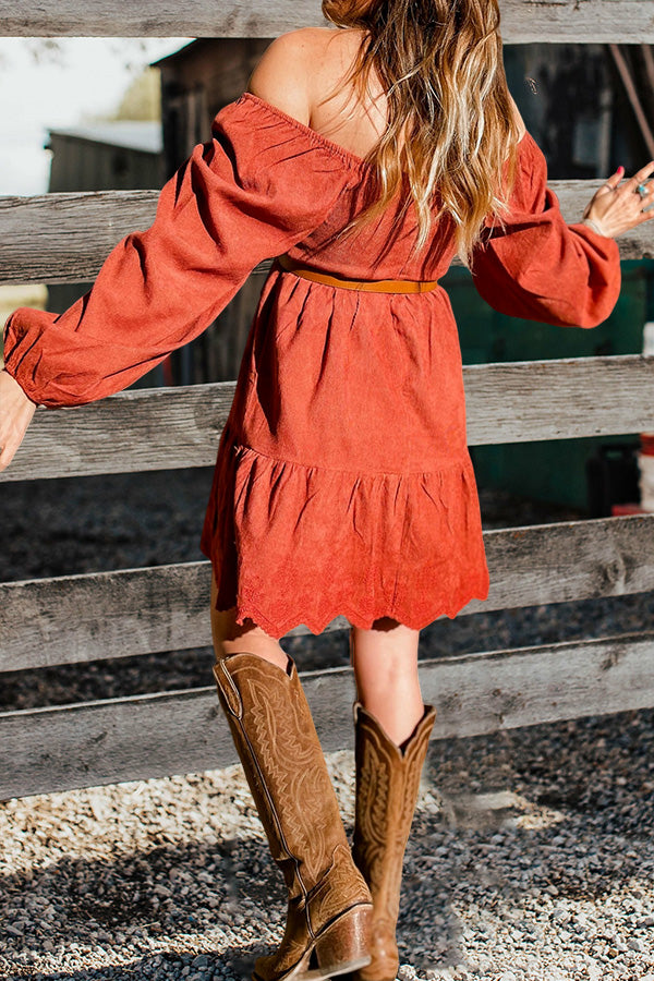 Beautiful One-Shoulder Ruffled Corduroy Dress