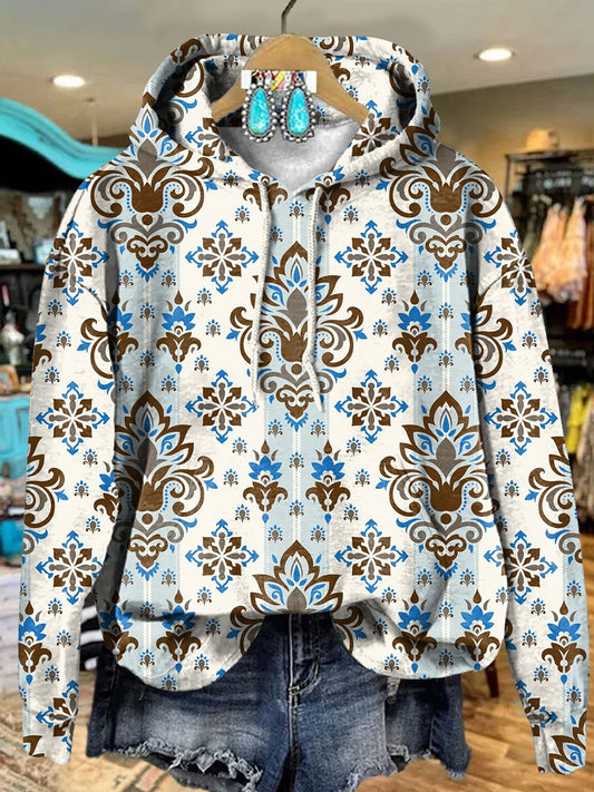 Retro Symmetrical Ethnic Flowers Art Print Casual Hoodie Sweatshirt