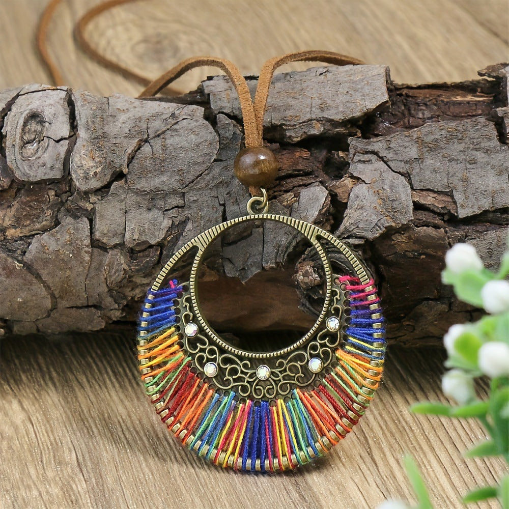 Women's Bohemian Woven Mixed Color Large Circle Pendant Necklace