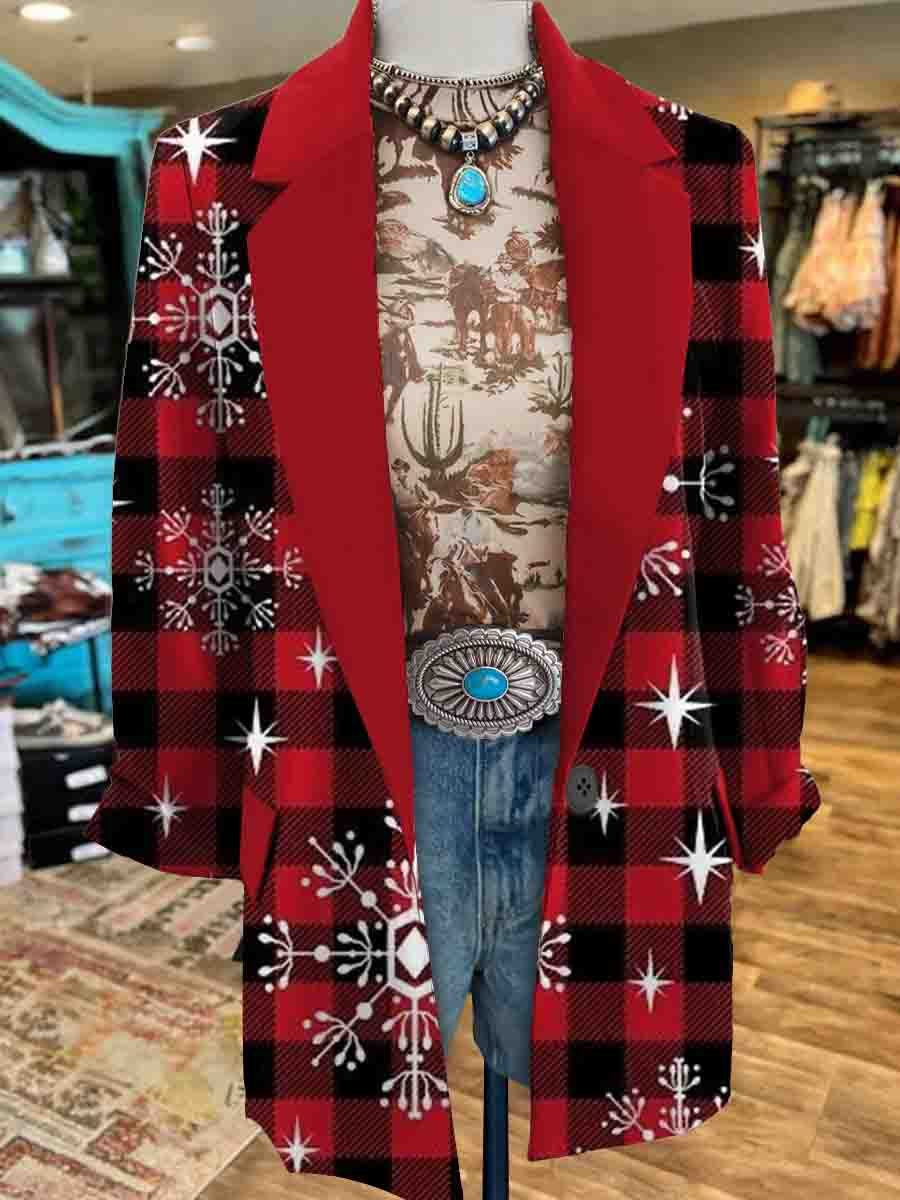 Women's Christmas Plaid Print Casual Blazer