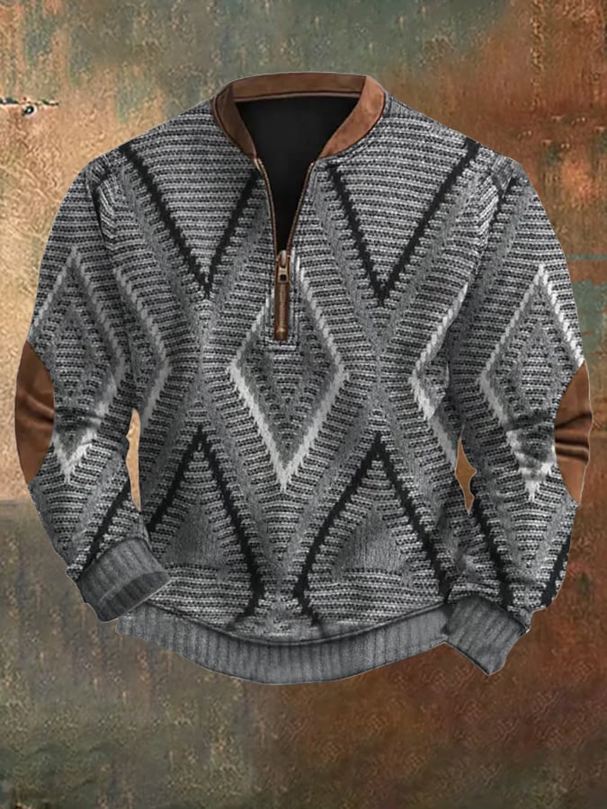 Men's Vintage Knit Print Zip-Up Sweatshirt