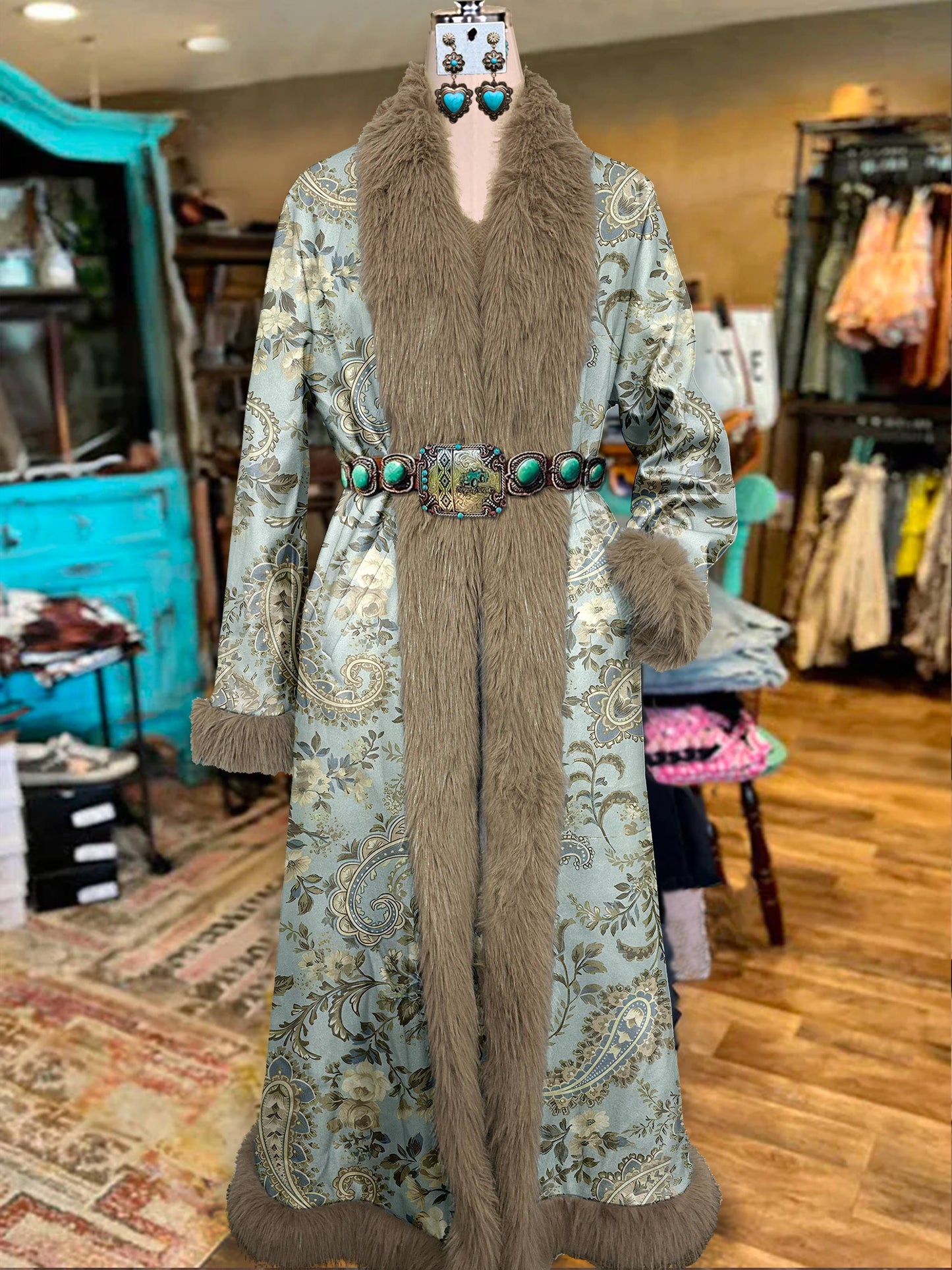 Women's Vintage Paisley Printed Fur Patchwork Suede Long Afghan Coat