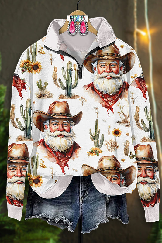 Vintage Western Cactus Cowboy Print Zipper Sweatshirt