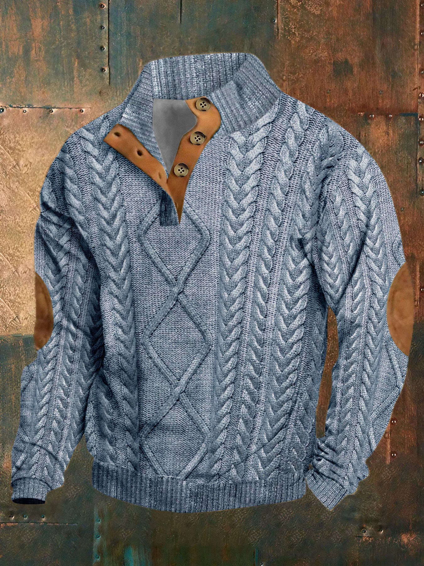 Men's Casual RetroWestern Knitt Prints Stand Collar Button Sweatshirt