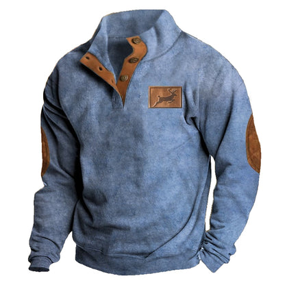 Men's Vintage Country Elk Print Terry Cloth Henley Stand Collar Sweatshirt Hunting Casual Top