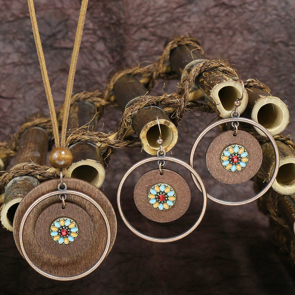 Women's Bohemian Retro Wooden Necklace Earring Set