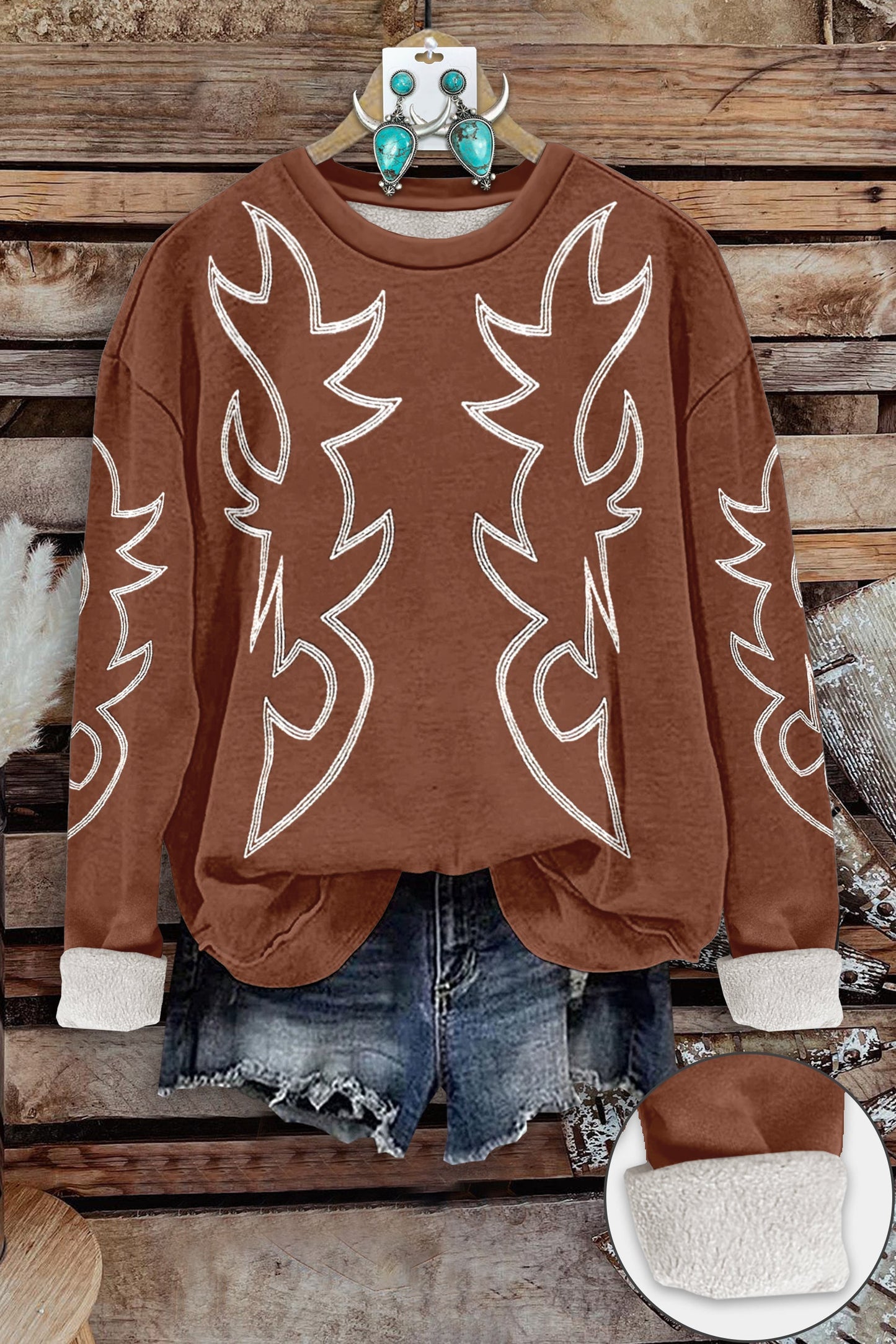 Western Boot Stitch Print Thickened Fleece Sweatshirt