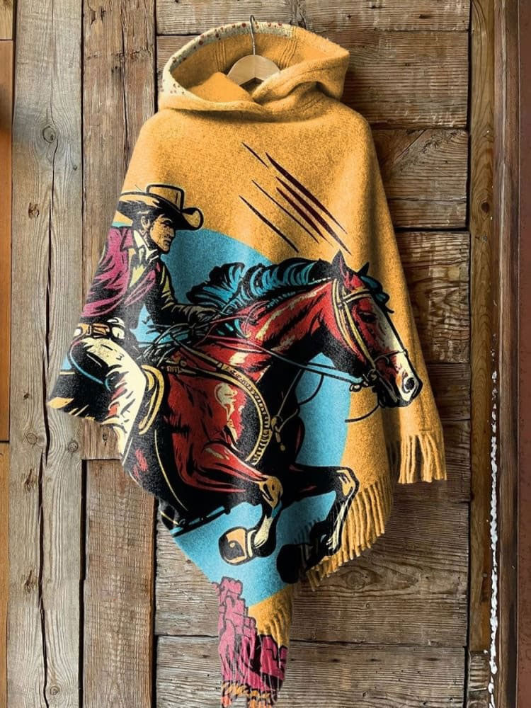 Women's Vintage Art Print Casual Knitted Blanket Poncho Hood Cape